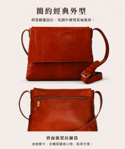 包款正面與背面外觀展示:簡約經典的俐落翻蓋設計,以及背面後置拉鍊袋。