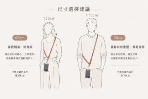 真皮手機掛繩尺寸選擇示意圖，60cm 與 70cm 人體配戴比較