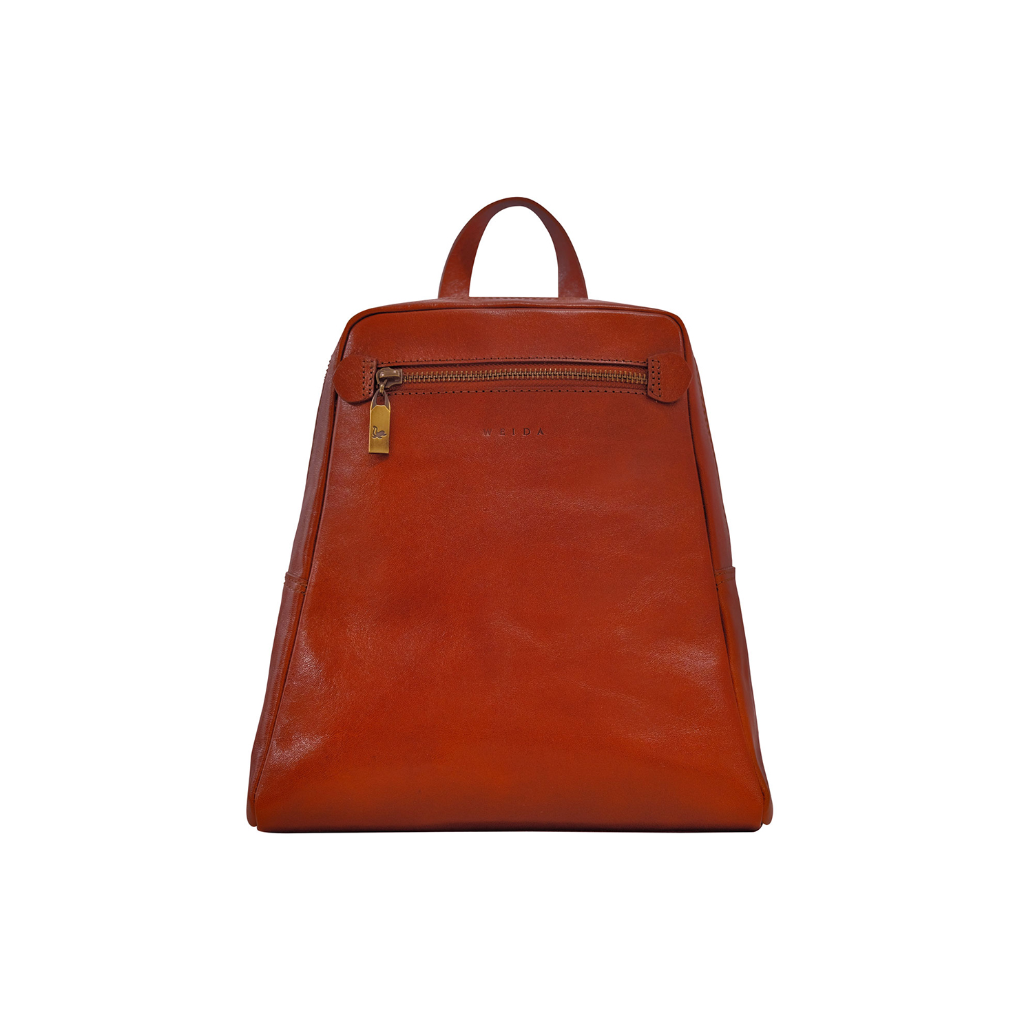 WEIDA Leather 義大利植鞣頭層牛皮都會質感後背包正面,展示俐落梯形外觀與前側拉鍊袋。