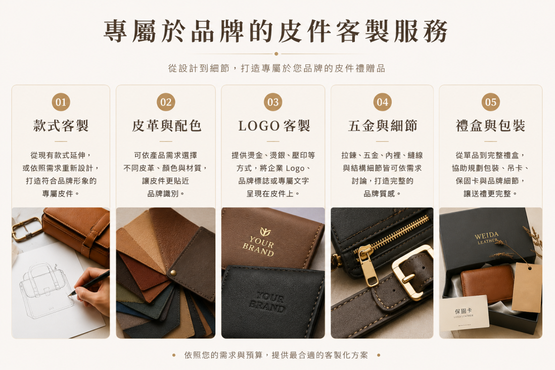 韋達皮件品牌客製服務，包含款式客製、皮革與配色、LOGO 客製、五金與細節，以及禮盒與包裝，展示皮件設計、皮革選材、LOGO 壓印、五金配件與企業禮盒。